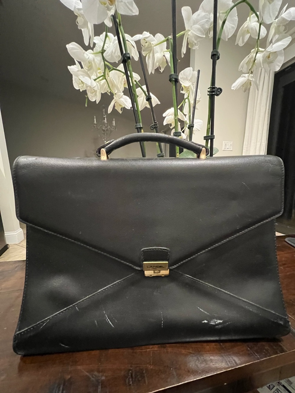 Vintage LANCEL Paris Black Leather Top Handle Handbag / Briefcase Gold-Tone
